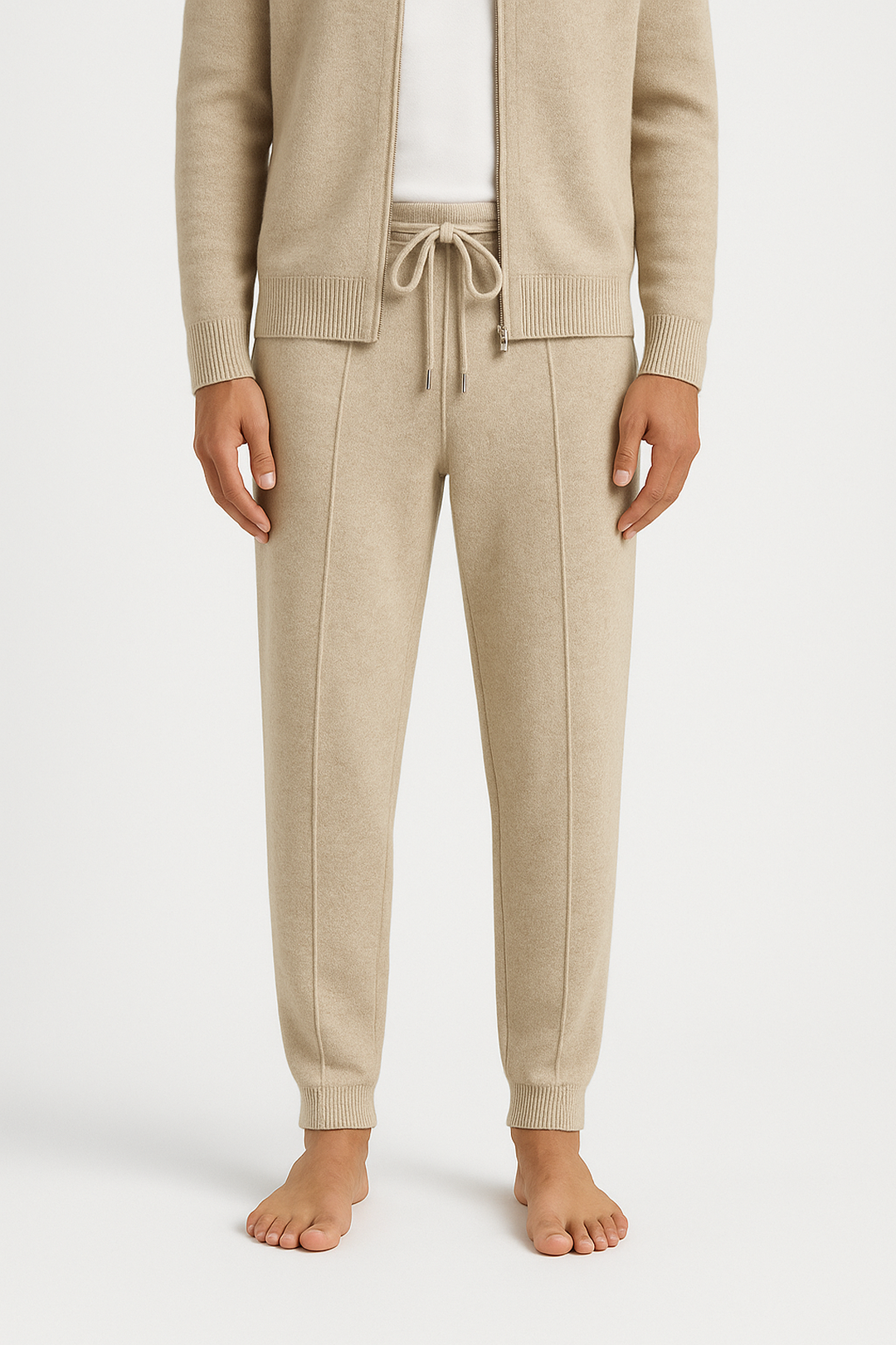 Beige lounge set with cardigan and jogger pants on a white background