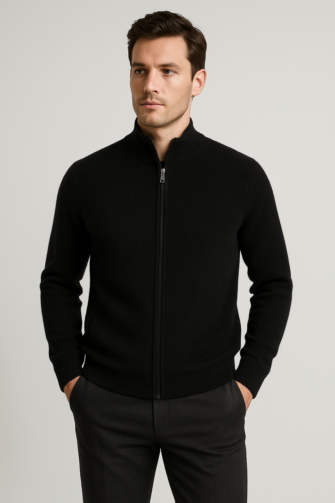 Ribbed Merino Wool Zip Cardigan