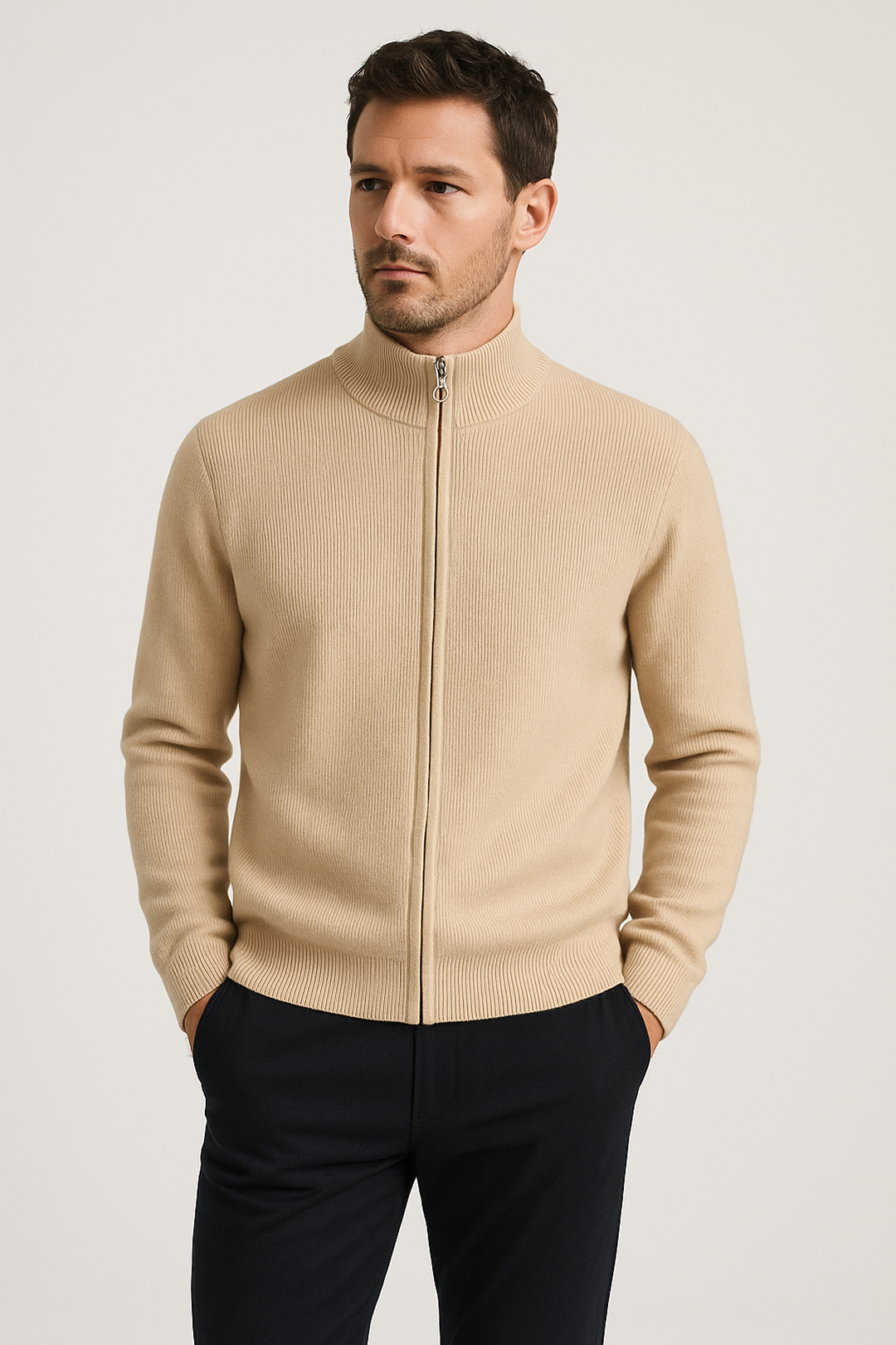 Ribbed Merino Wool Zip Cardigan