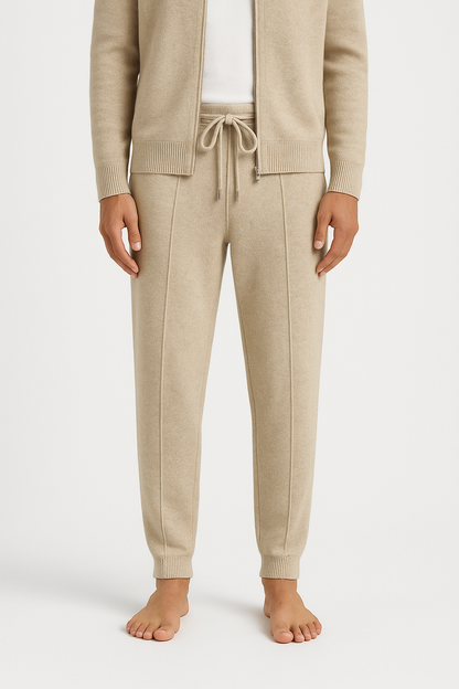 Beige lounge set with cardigan and jogger pants on a white background