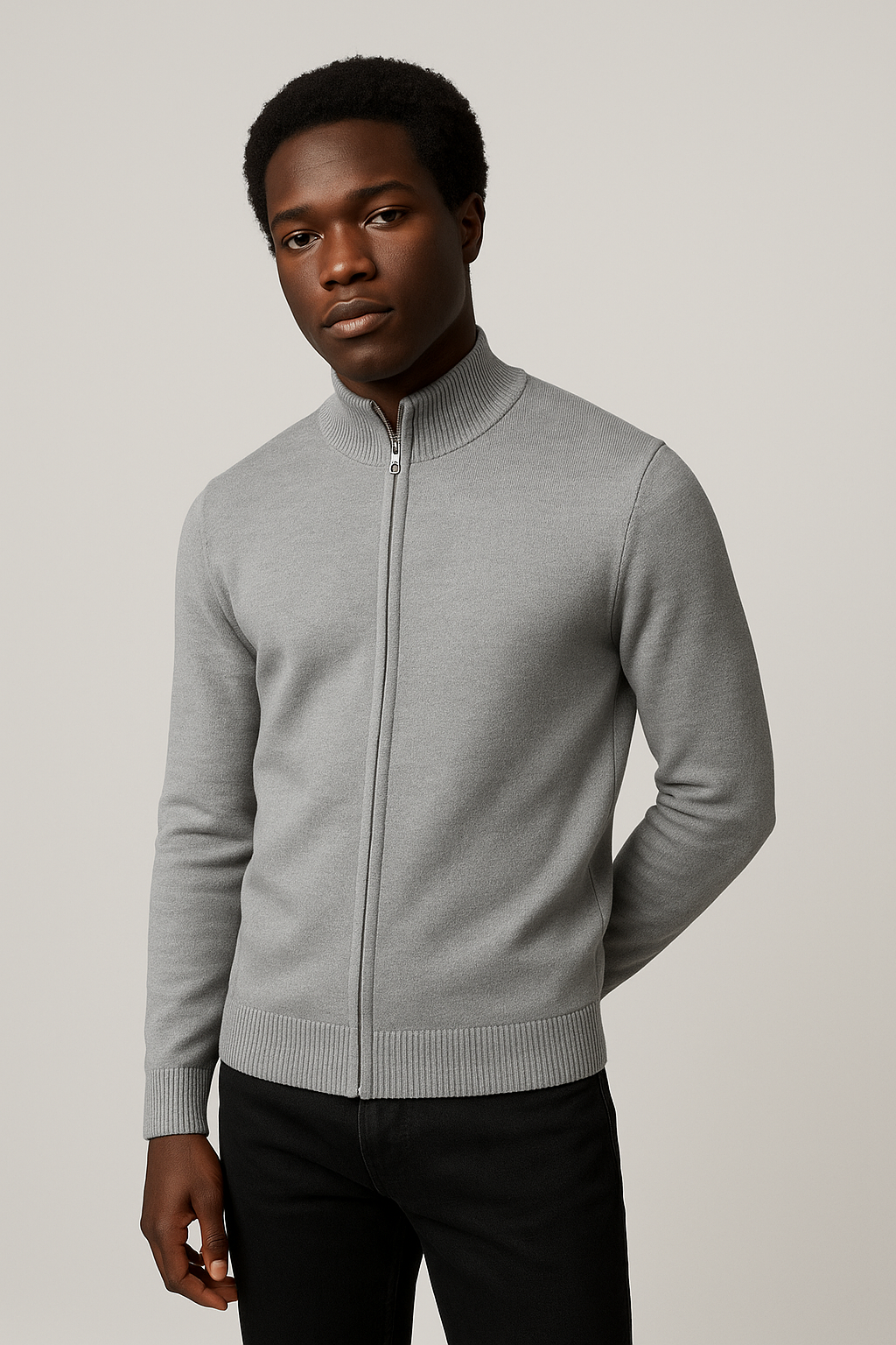 Man wearing a gray zip-up sweater against a plain background