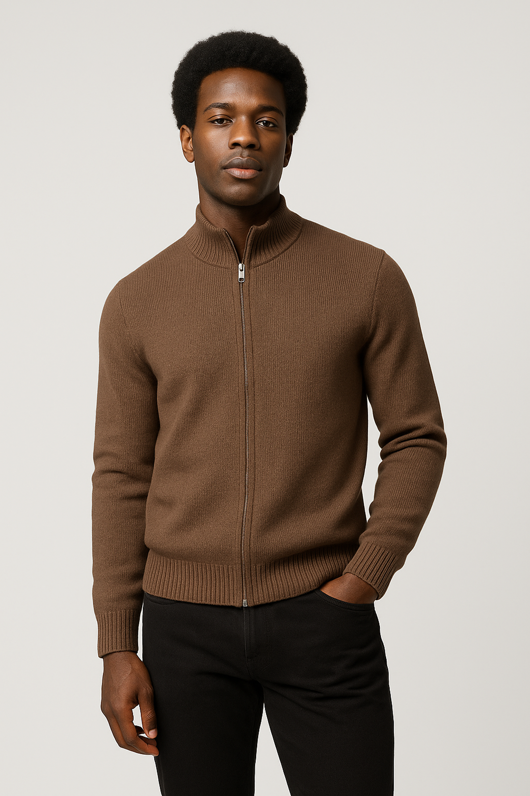 Ribbed Merino Wool Zip Cardigan