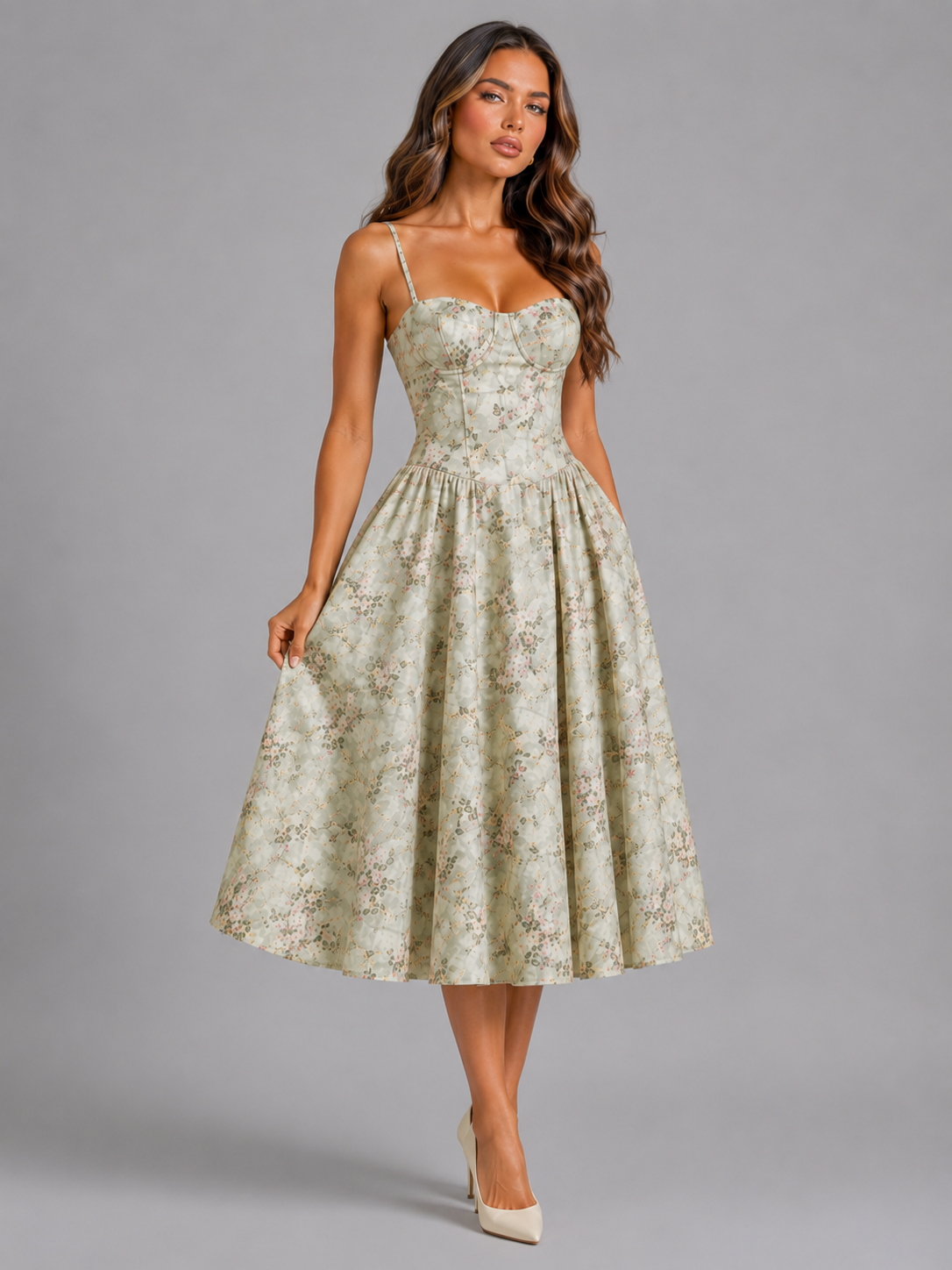 Women's Floral Corset Sweetheart Midi Dress Wedding Guest-thumbmail-3
