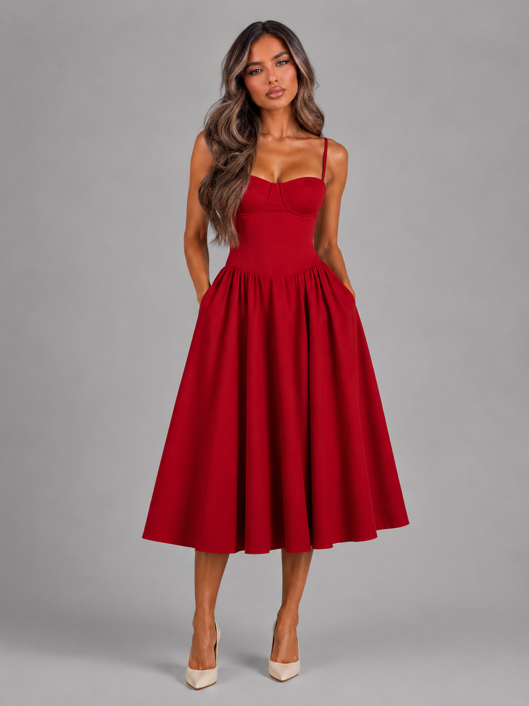 Women's Floral Corset Sweetheart Midi Dress Wedding Guest-thumbmail-11