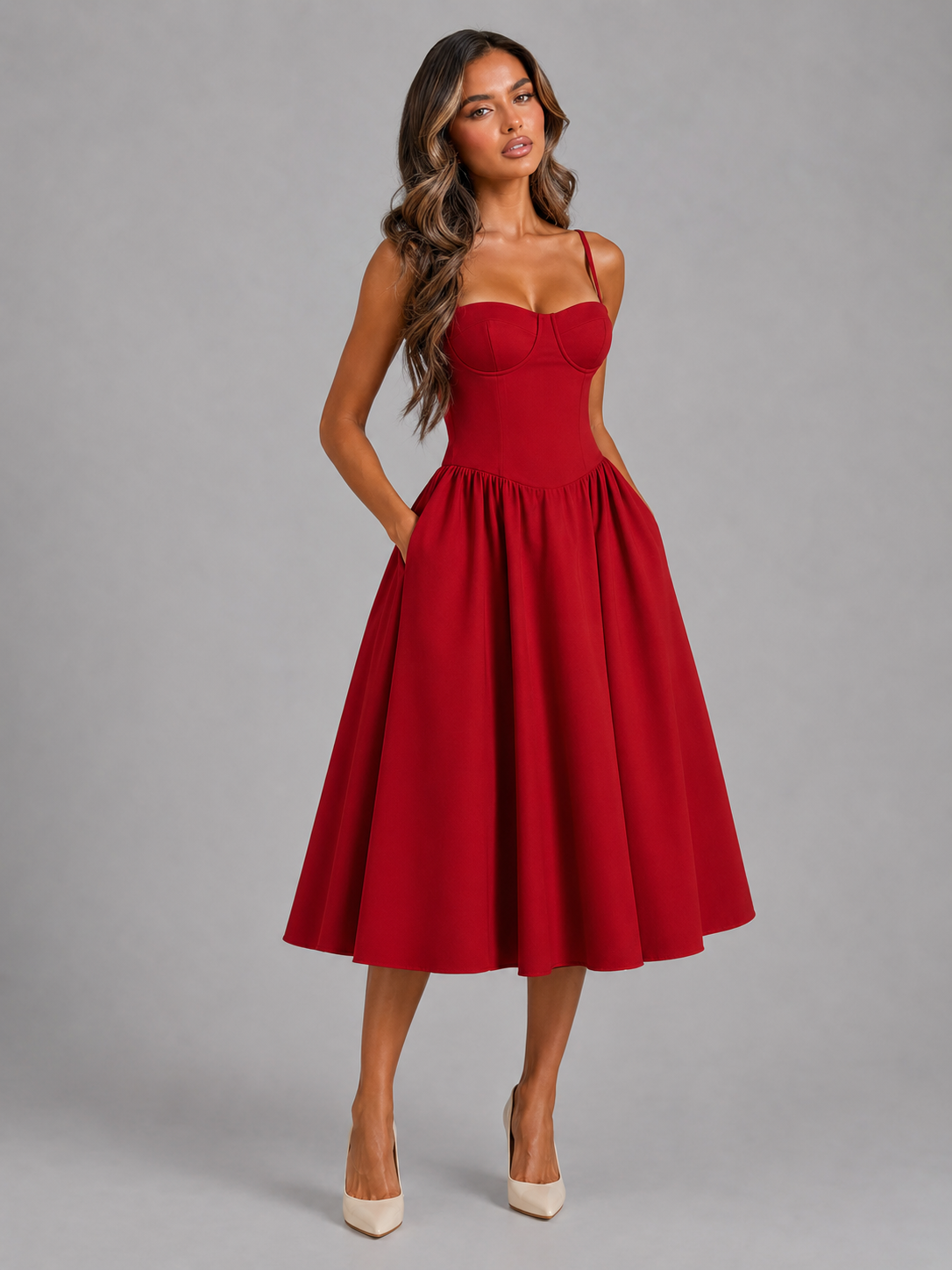 Women's Floral Corset Sweetheart Midi Dress Wedding Guest-thumbmail-10