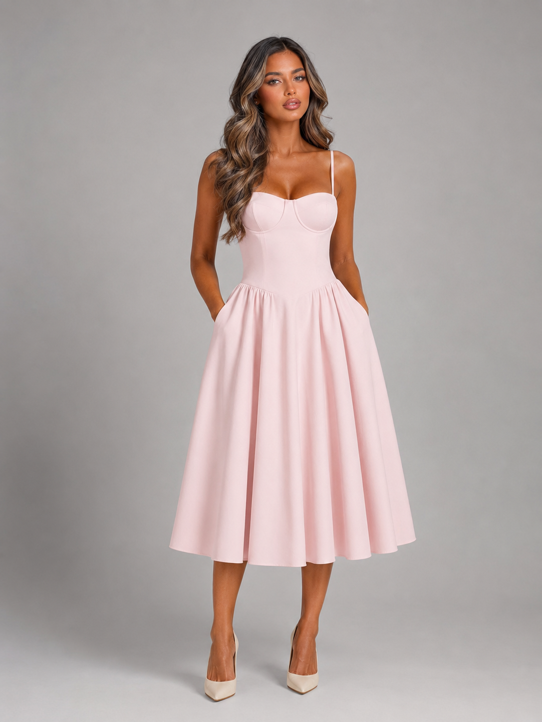 Women's Floral Corset Sweetheart Midi Dress Wedding Guest-thumbmail-8