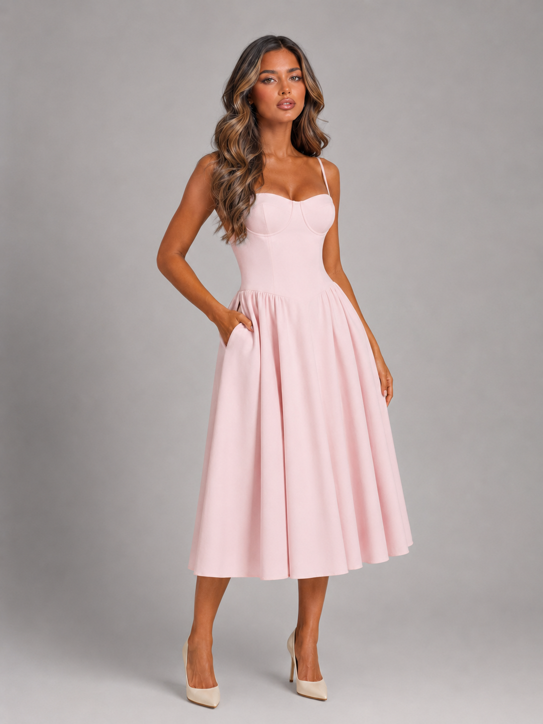 Women's Floral Corset Sweetheart Midi Dress Wedding Guest-thumbmail-9