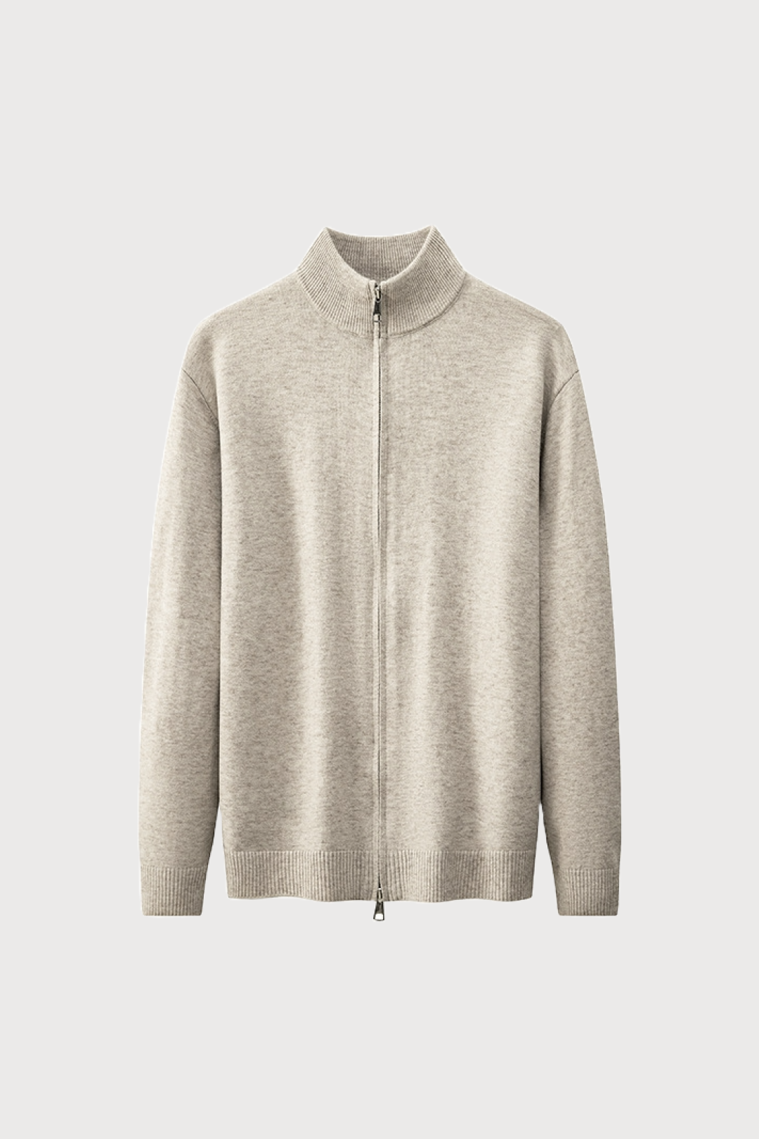 Beige full zip-up cardigan on a light gray background