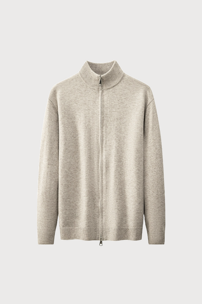 Beige full zip-up cardigan on a light gray background