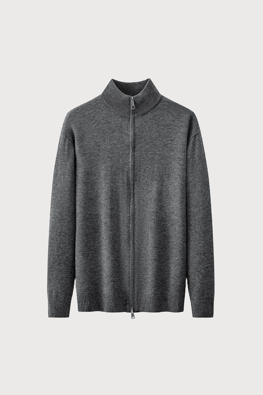 Gray full zip-up cardigan on a light gray background