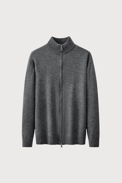 Gray full zip-up cardigan on a light gray background