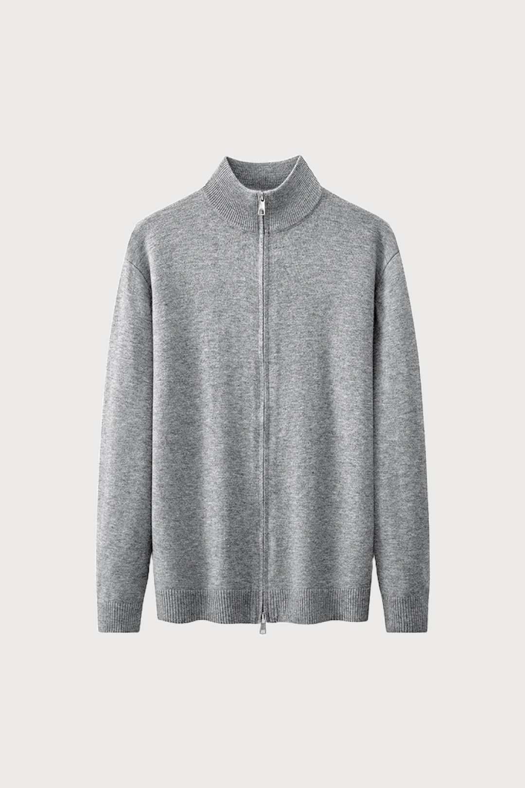 Gray full zip-up cardigan on a light gray background