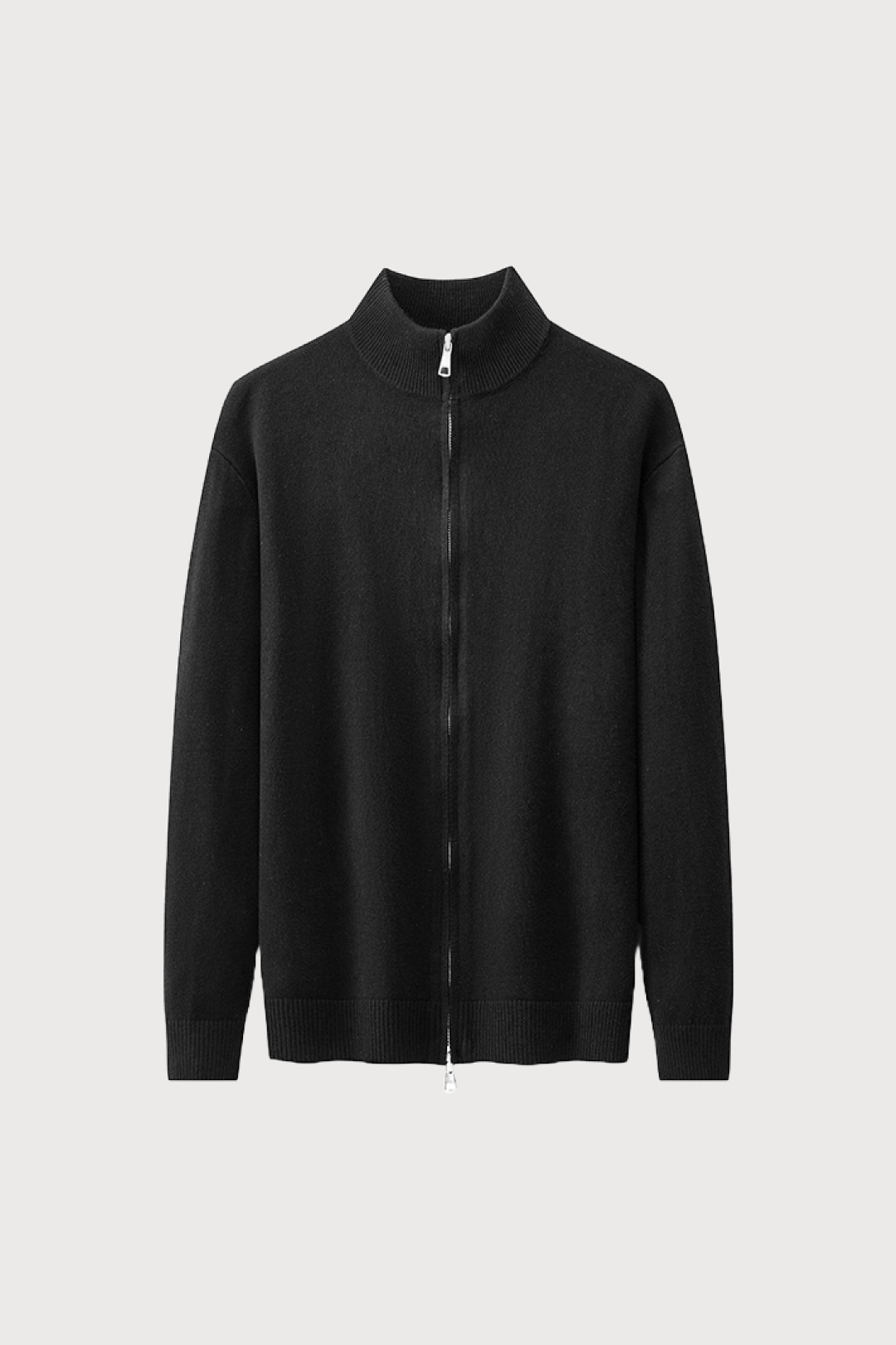 Black full zip-up cardigan on a light gray background