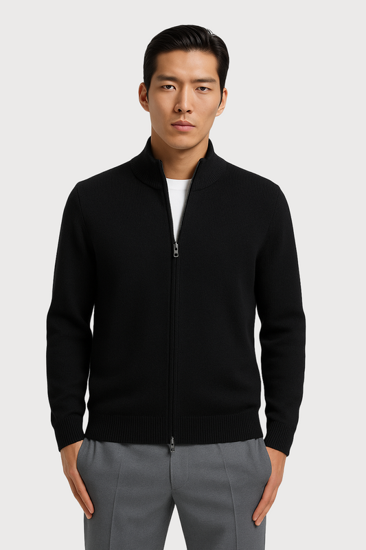 Wool Blend Full-Zip High-Neck Sweater