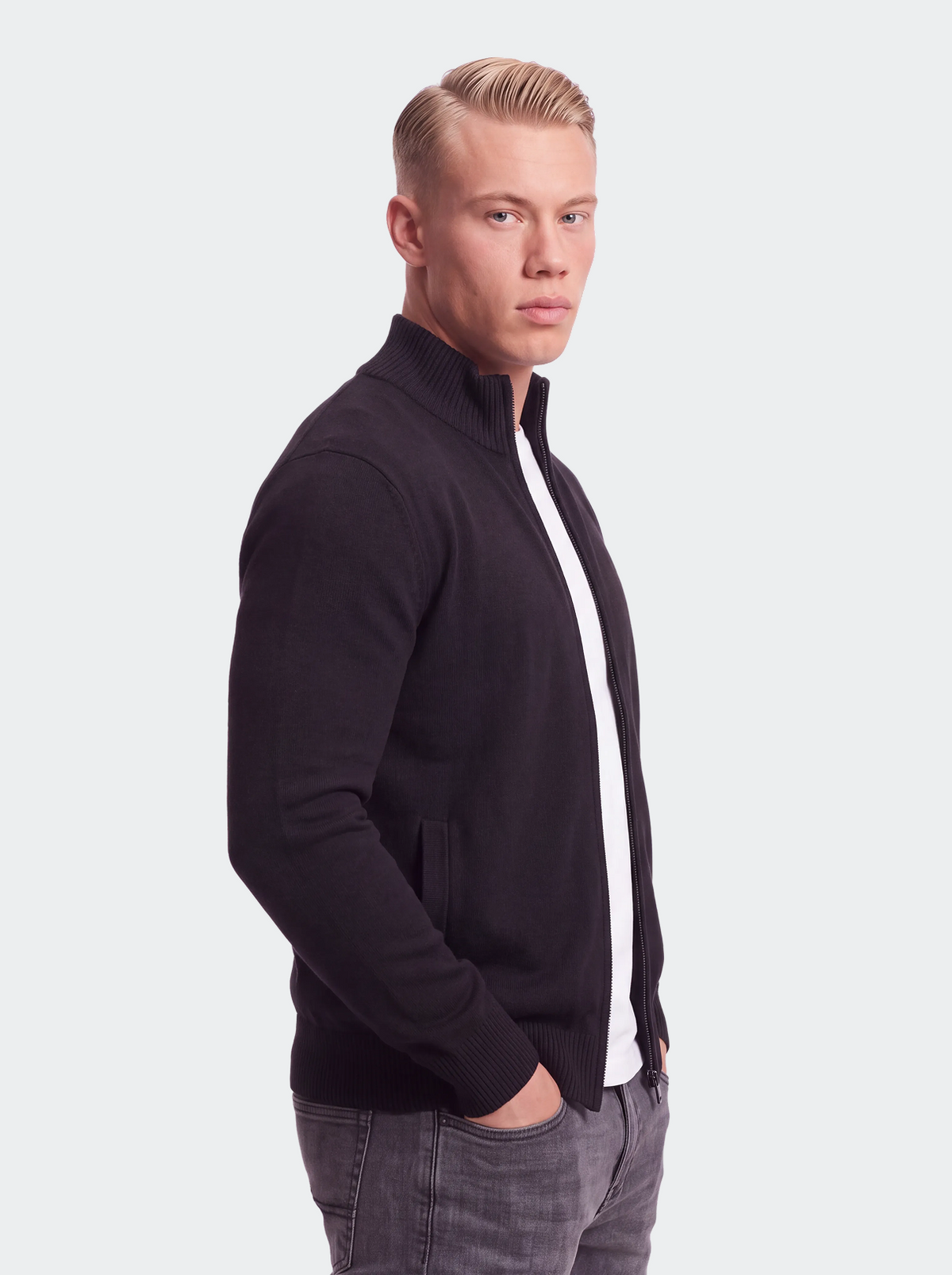 Men's Knitted Cotton Cardigan - Stand Collar, Slim Fit-thumbmail-2