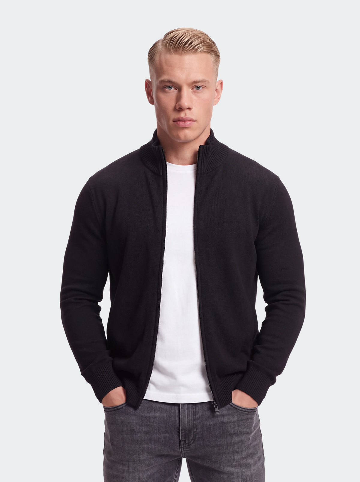 Men's Knitted Cotton Cardigan - Stand Collar, Slim Fit-thumbmail-4