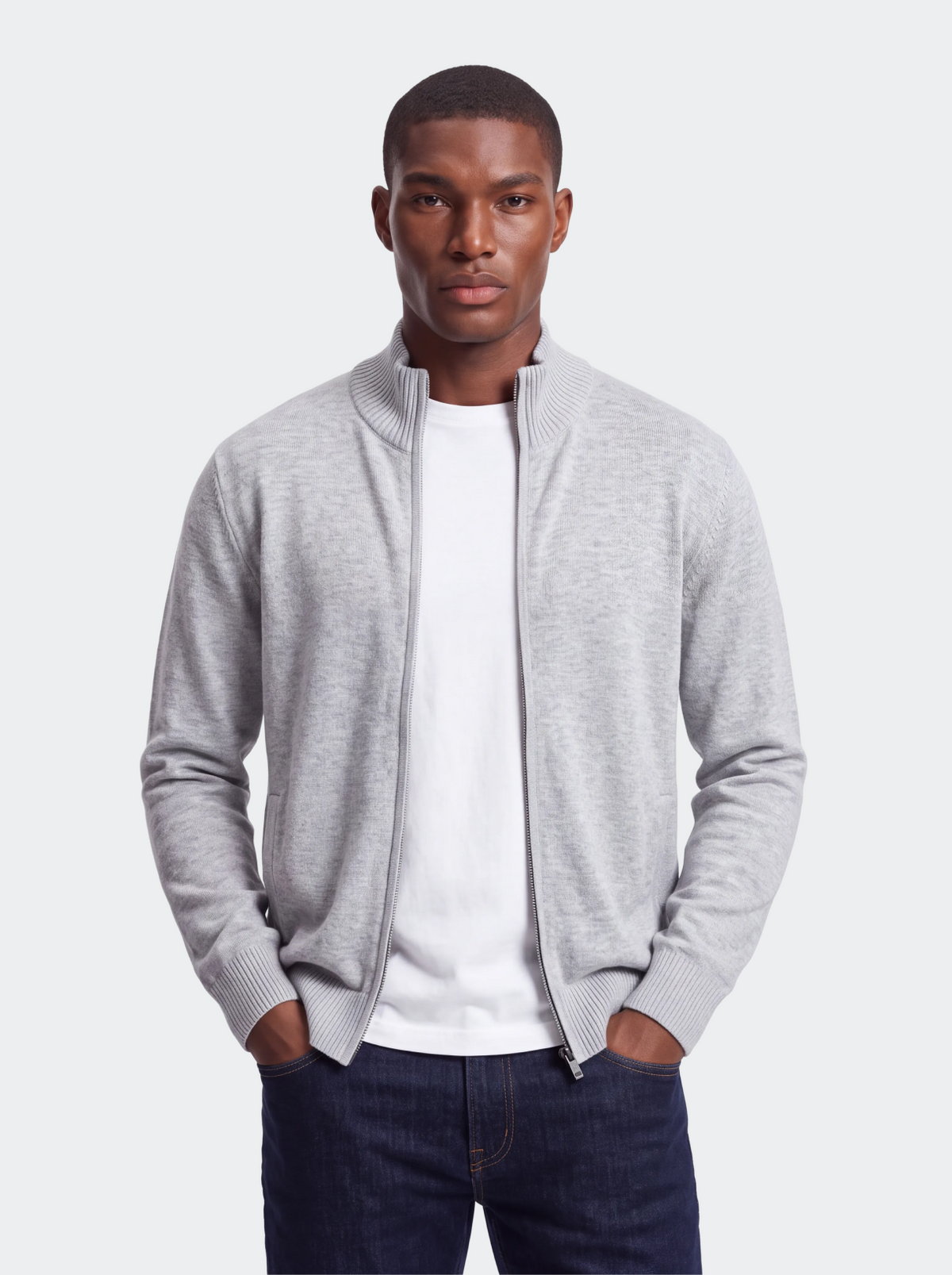 Men's Knitted Cotton Cardigan - Stand Collar, Slim Fit-thumbmail-10