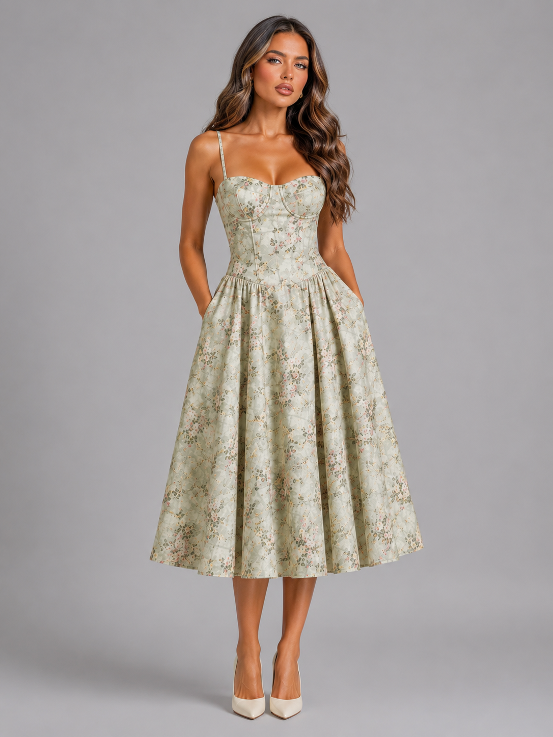 Woman wearing a floral dress against a gray background
