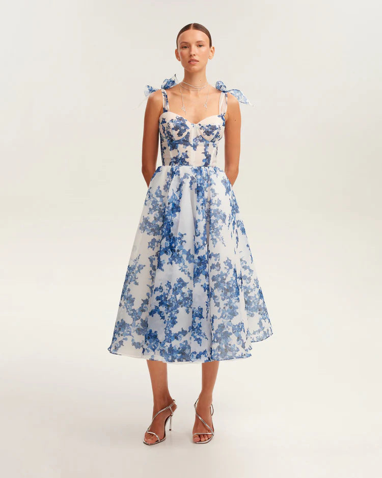 Tie-Strap Floral Organza Midi Dress
