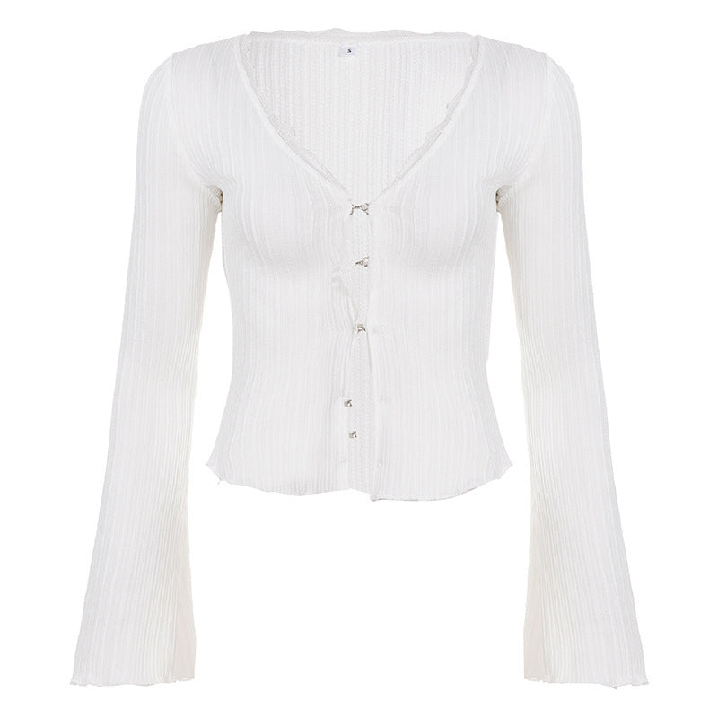 Lace Trim Ribbed Cardigan Top | V-Neck Flare Sleeve Fitted Cardigan-thumbmail-5