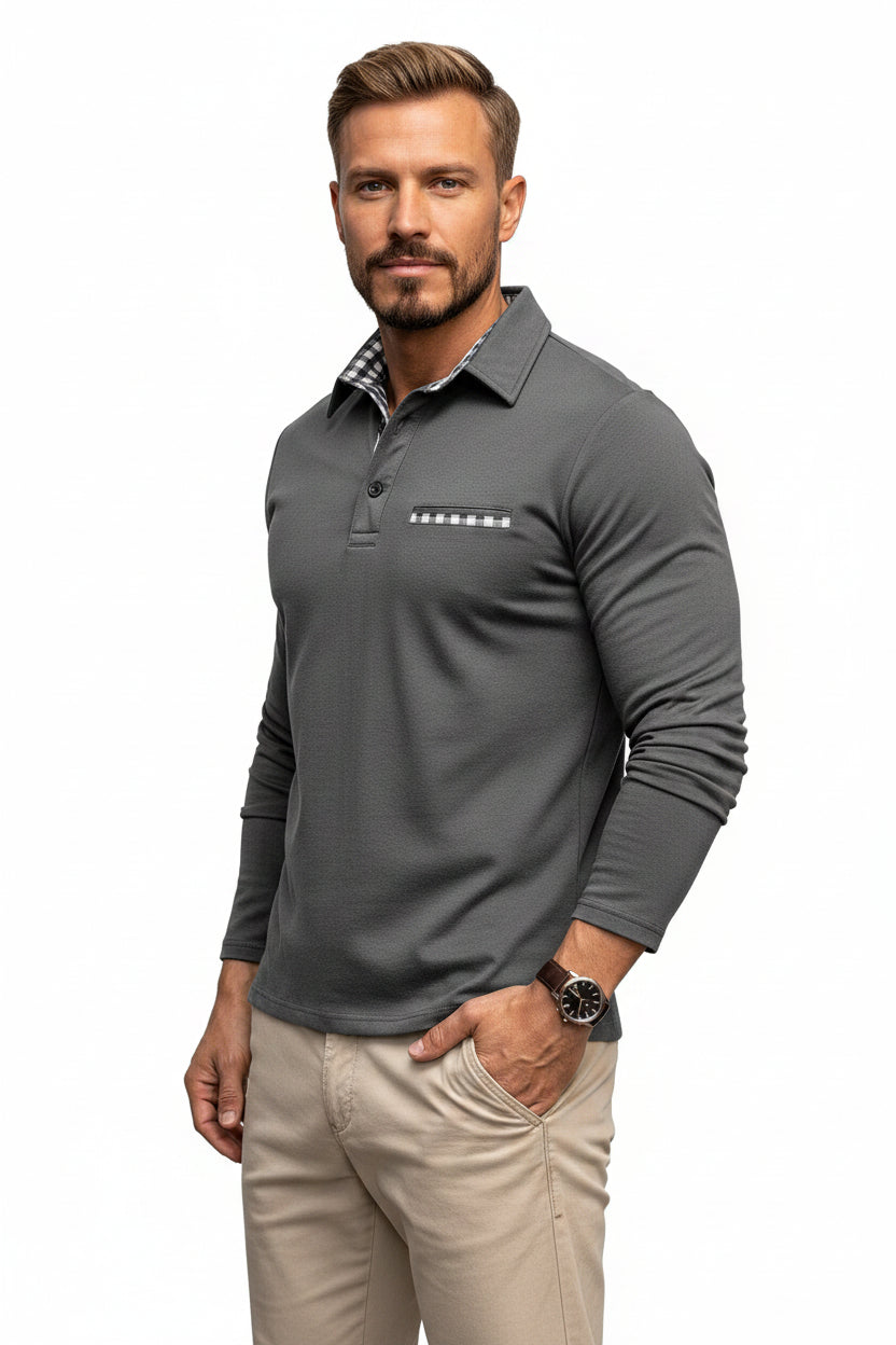 Gray long-sleeve polo shirt with a checkered collar on a white background