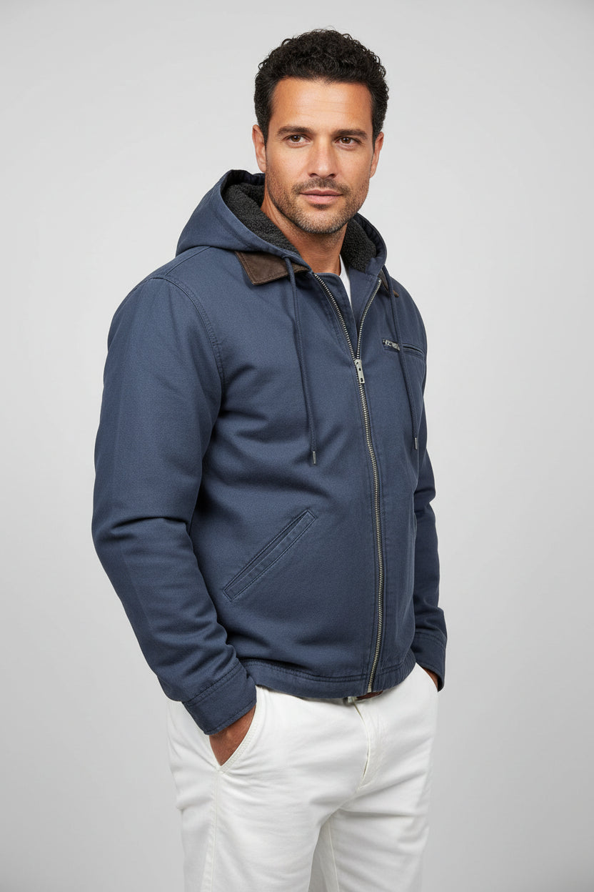 Blue jacket with a hood on a white background