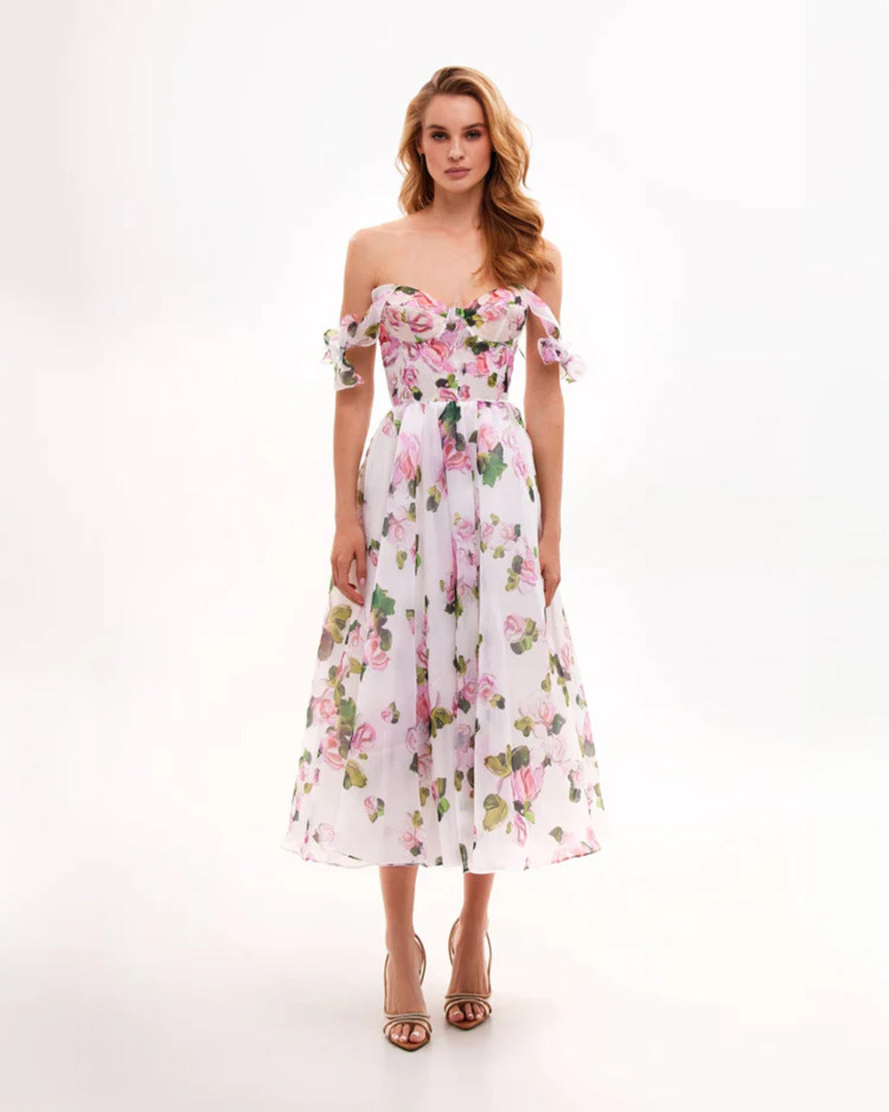 Tie-Strap Floral Organza Midi Dress