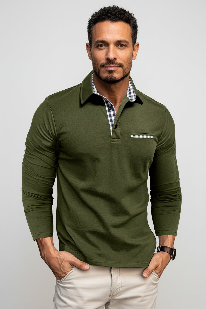 Men's Long Sleeve Polo Shirt with Contrast Placket-thumbmail-1