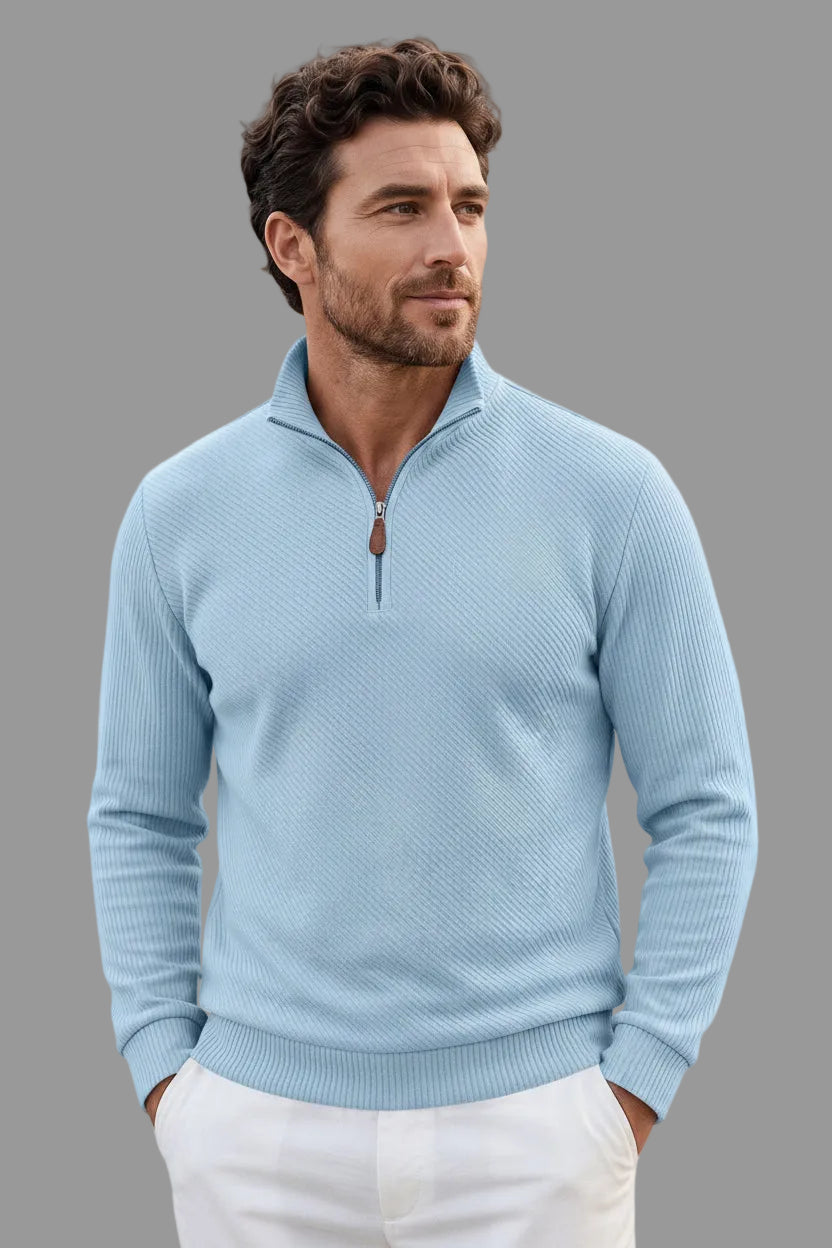 A man wearing a light blue ribbed quarter-zip sweater, black sunglasses, and white pants, shown against a plain white background.