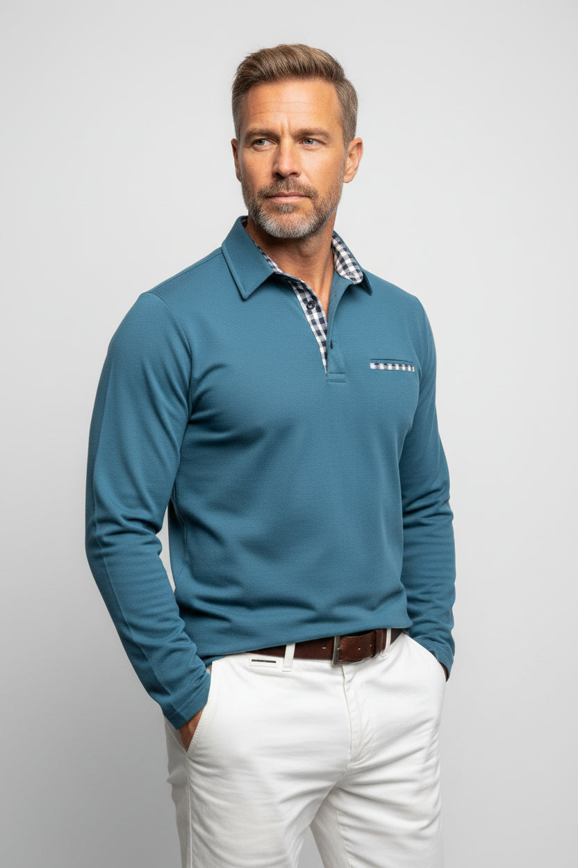 Men's Long Sleeve Polo Shirt with Contrast Placket-thumbmail-4