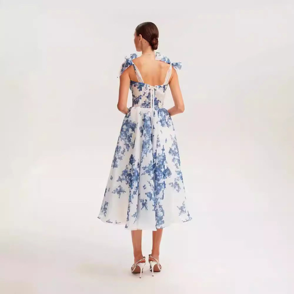 Tie-Strap Floral Organza Midi Dress-thumbmail-2