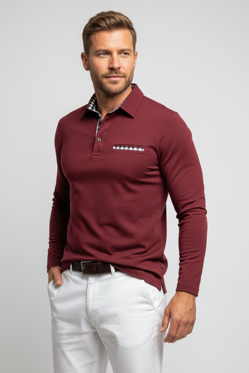 Maroon long-sleeve polo shirt with plaid collar and pocket on a white background
