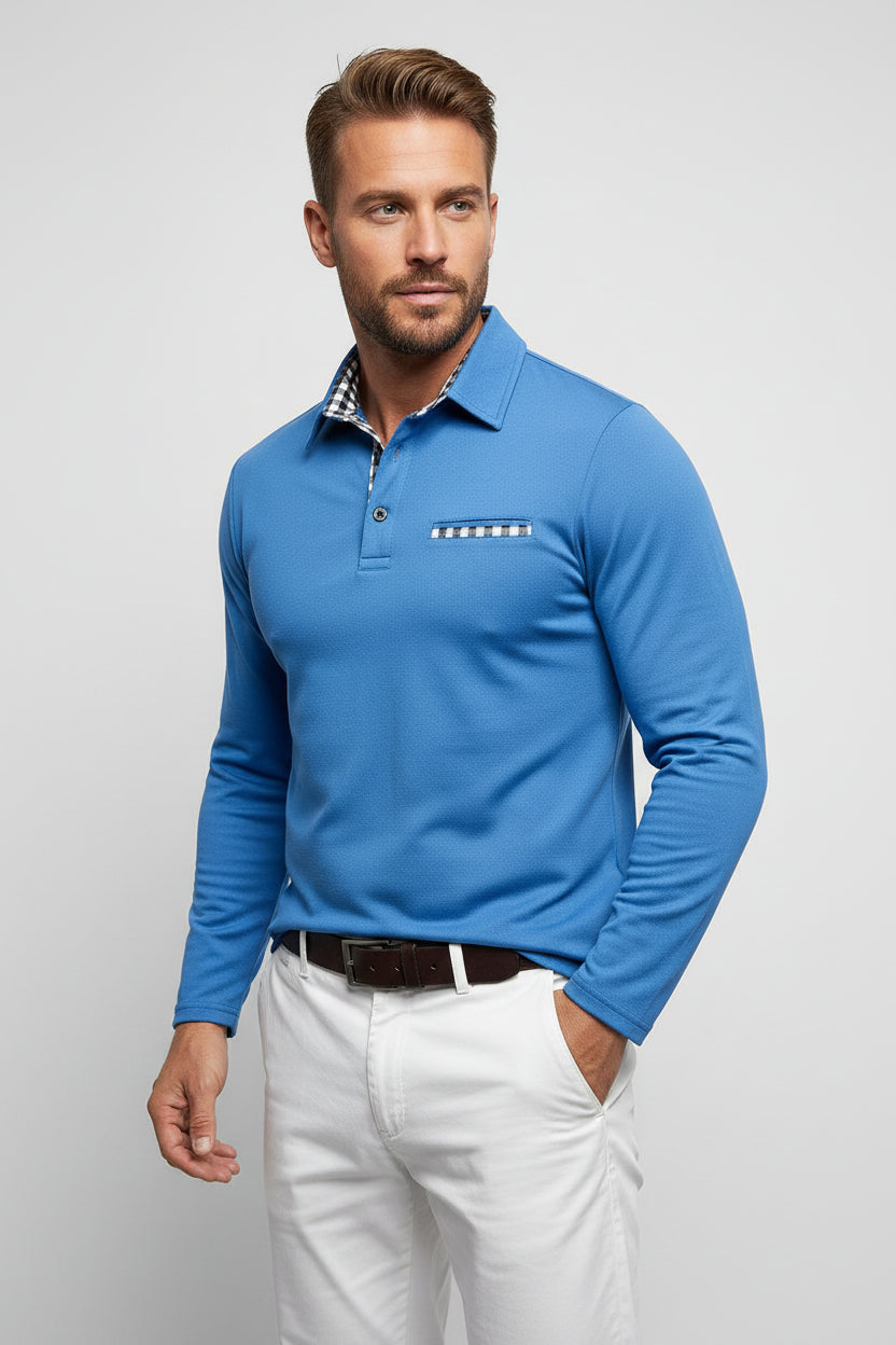 Blue long-sleeve polo shirt with plaid collar and pocket on a white background