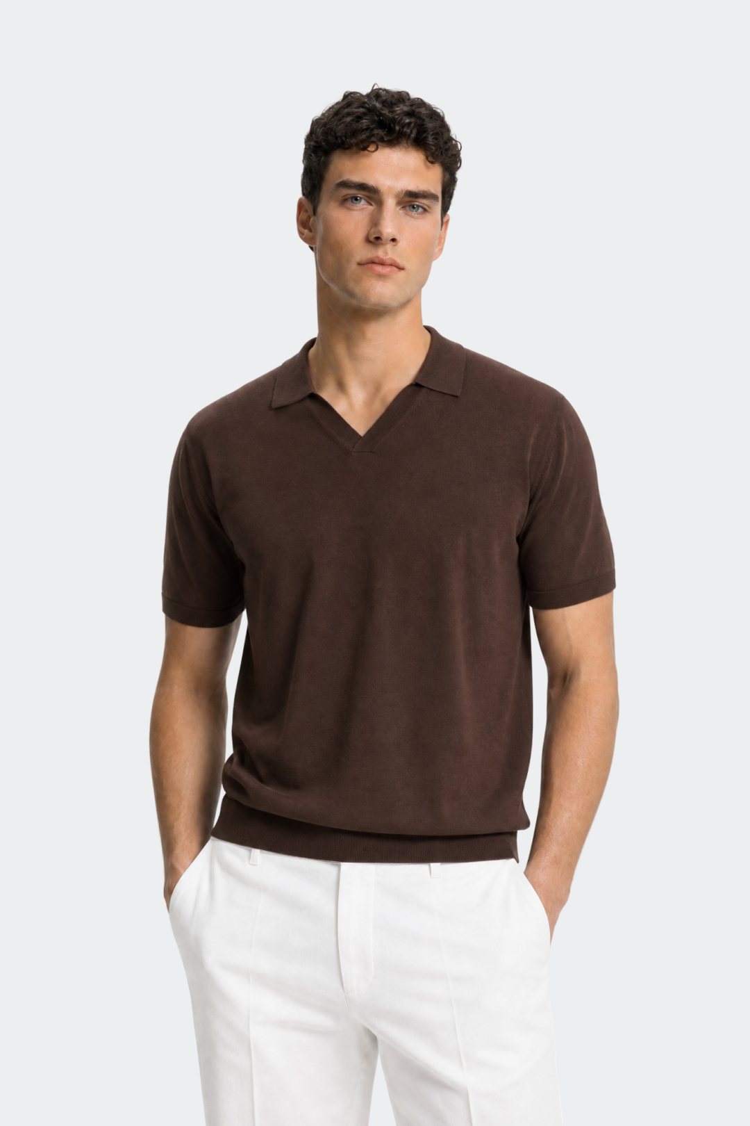 Open Collar Cotton Knit Polo-thumbmail-1