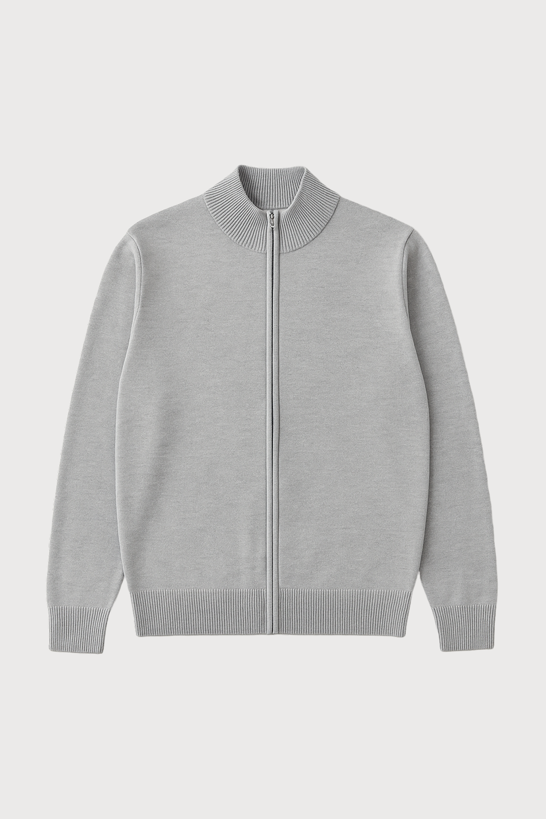 Gray zip-up sweater on a light gray background