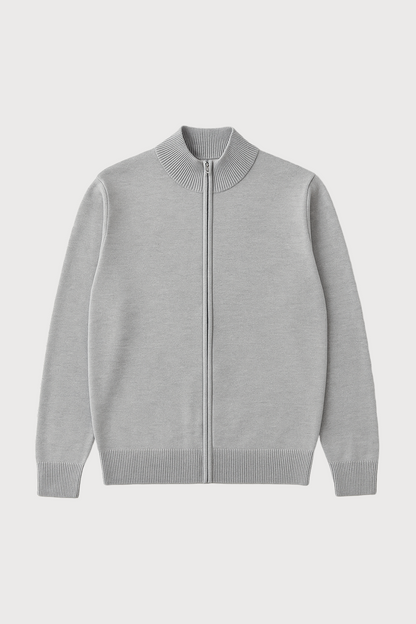 Gray zip-up sweater on a light gray background