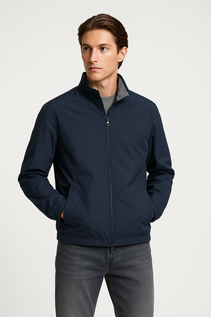 Man wearing a navy jacket on a white background