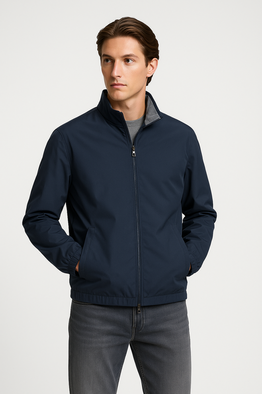 Man wearing a navy jacket on a white background