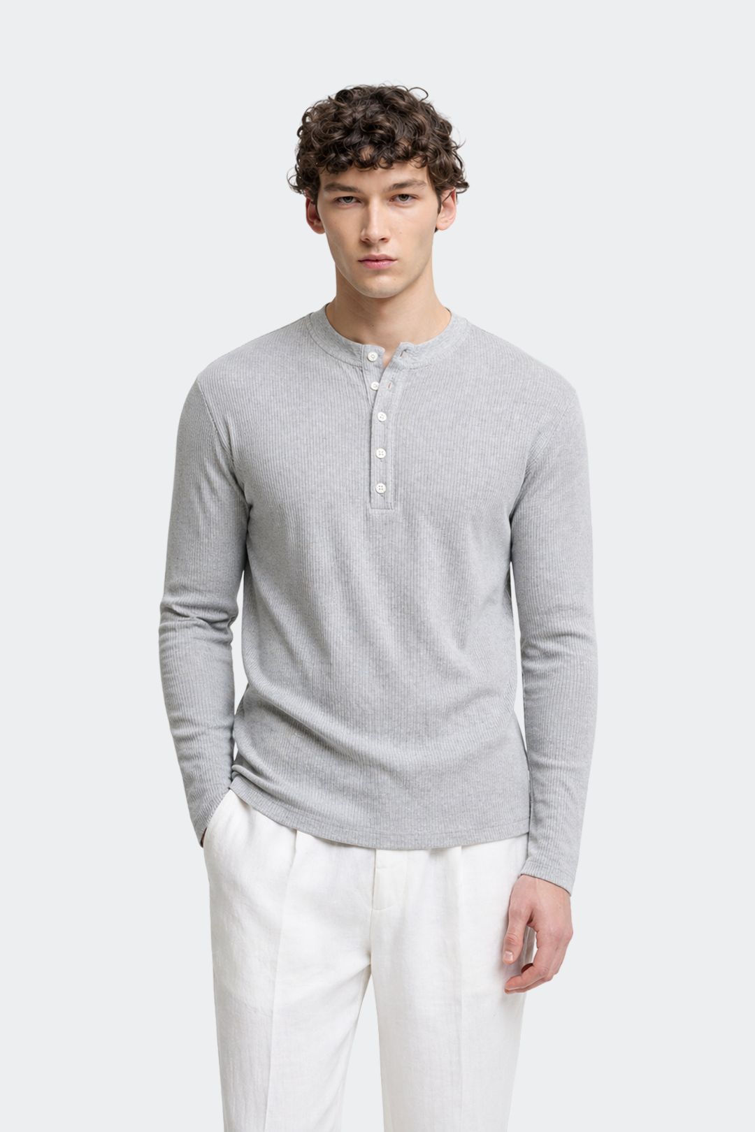 Ribbed Long Sleeve Henley Shirt-5