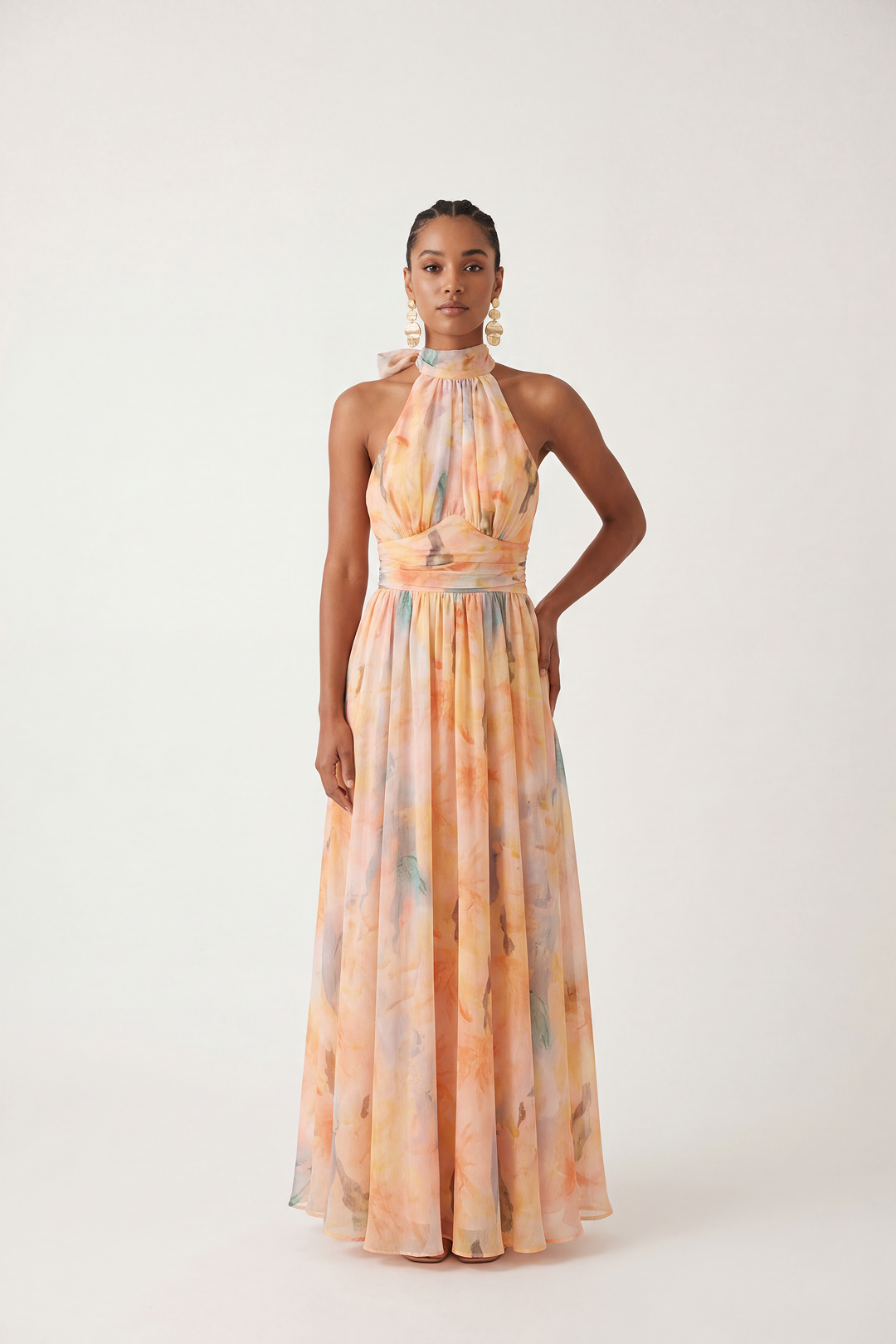 Tie-Neck Printed Chiffon Maxi Dress