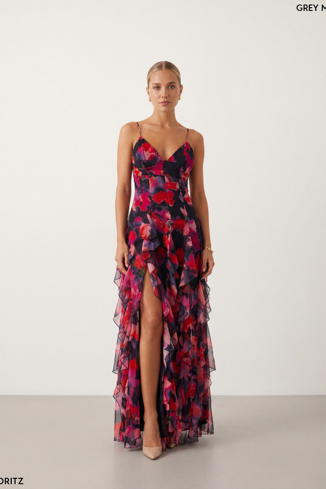 V-Neck Ruffled Floral Chiffon Maxi Dress