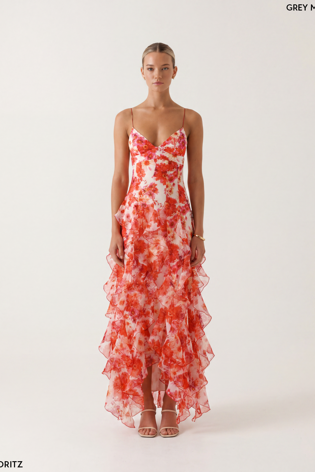 V-Neck Ruffled Floral Chiffon Maxi Dress