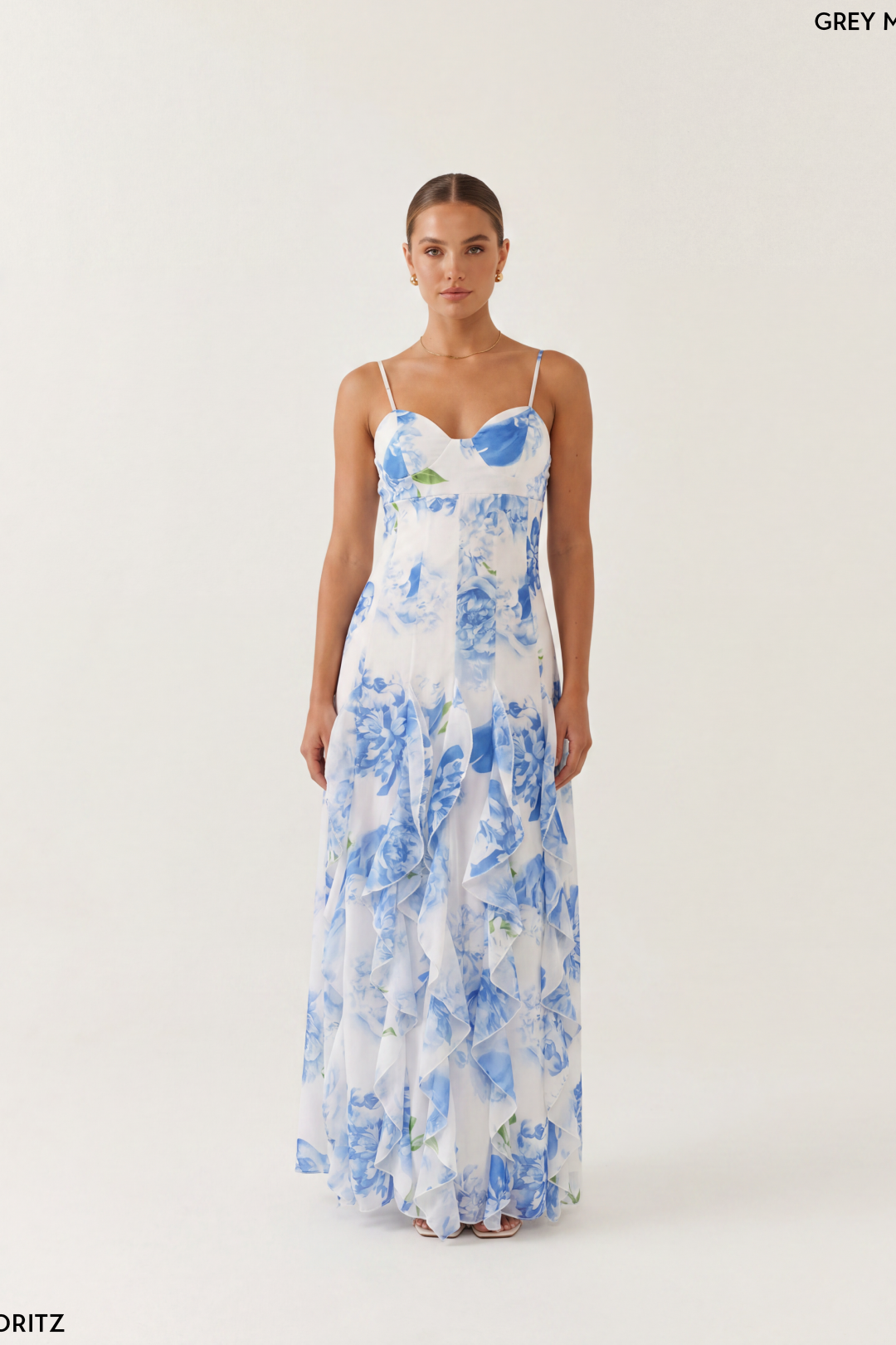 V-Neck Ruffled Floral Chiffon Maxi Dress