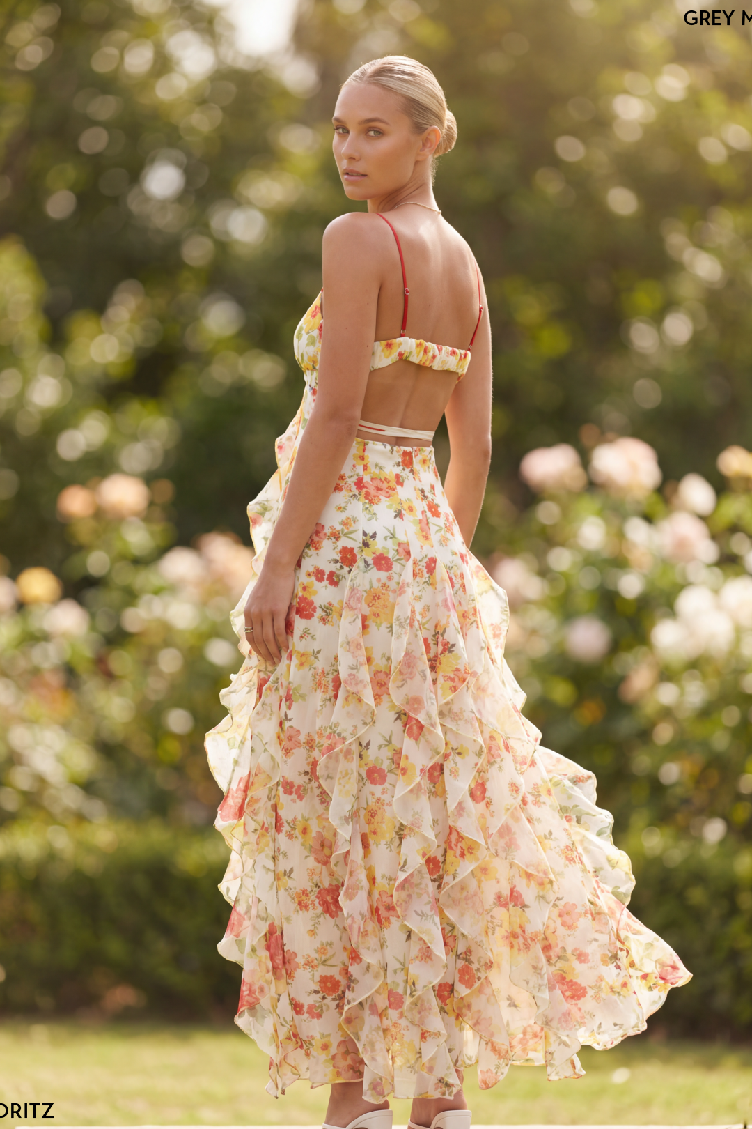 V-Neck Ruffled Floral Chiffon Maxi Dress