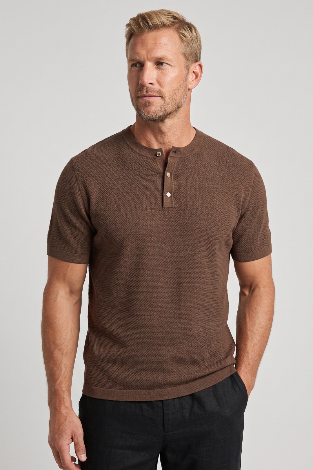 Men's Waffle Knit Henley Shirt Short Sleeve-thumbmail-5