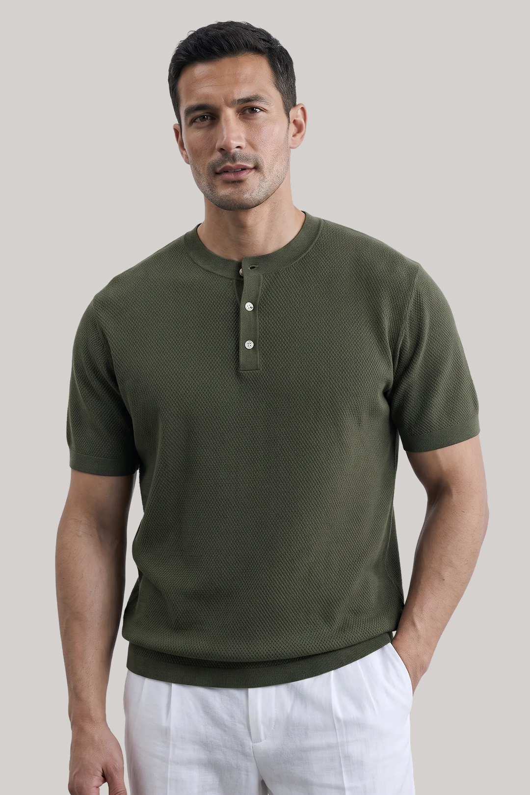Men's Waffle Knit Henley Shirt Short Sleeve-thumbmail-1