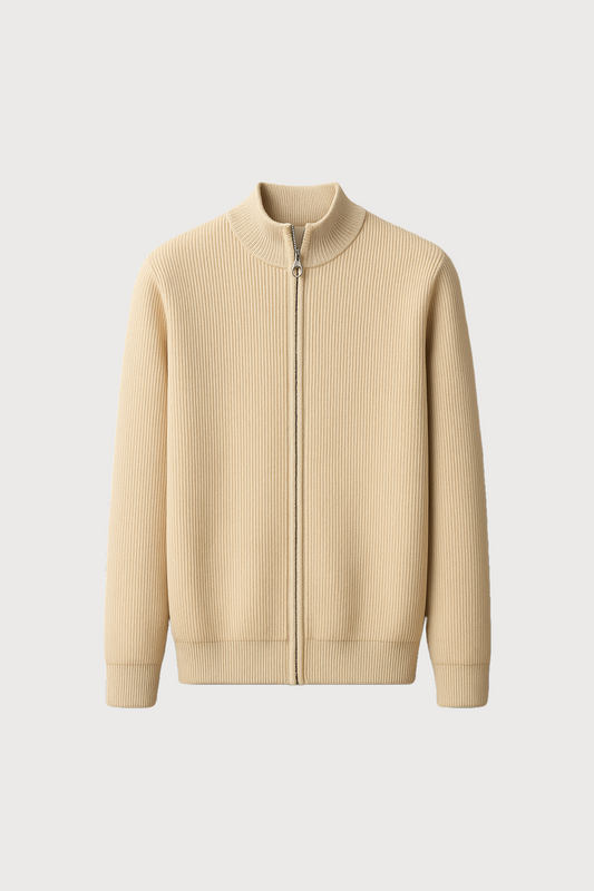 Ribbed Merino Wool Zip Cardigan