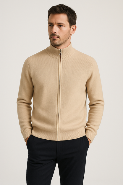 Ribbed Merino Wool Zip Cardigan