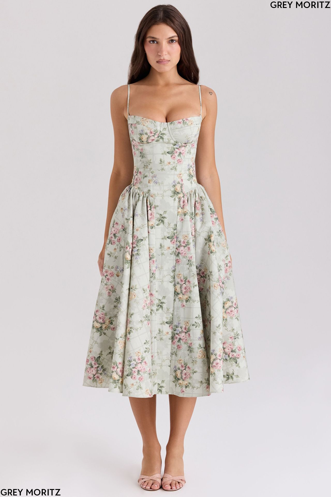 Women's Floral Corset Sweetheart Midi Dress Wedding Guest