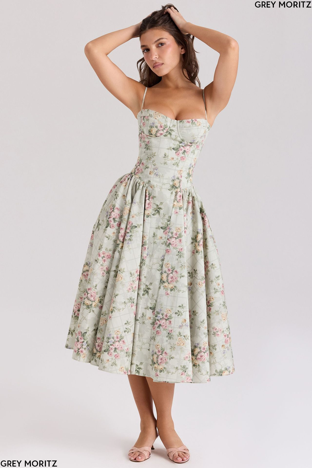 Women's Floral Corset Sweetheart Midi Dress Wedding Guest-thumbmail-3